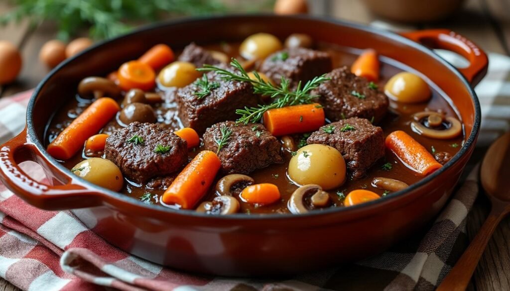 découvrez la recette traditionnelle du bœuf bourguignon façon grand-mère, un plat mijoté riche en saveurs et en authenticité, parfait pour un repas convivial.