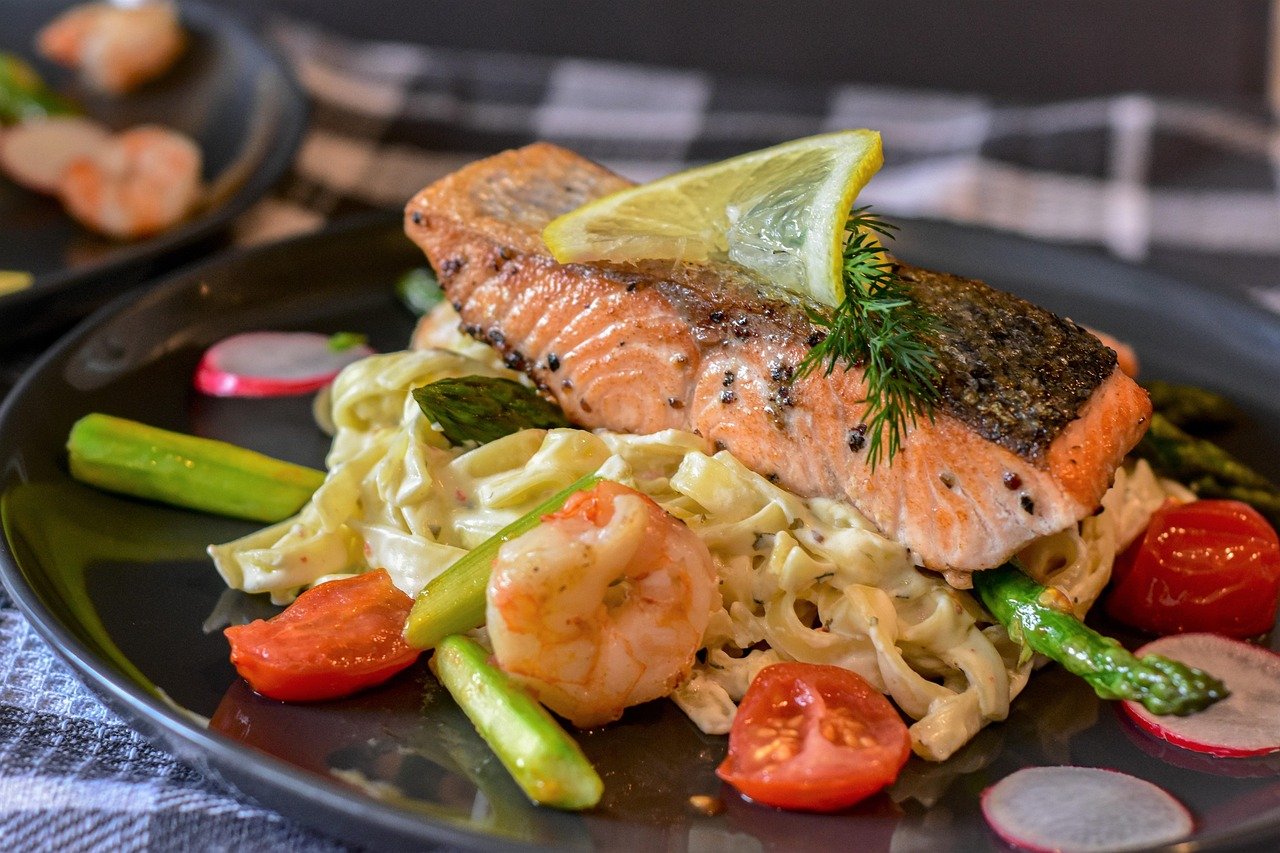 salmon, fish, food, dish, meal, cuisine, delicious, tasty, asparagus, nourishment, noodles, pasta, lemon sauce, nature, plate, homemade