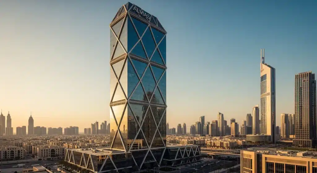 Almas Tower facade diamantée dorée illuminée au coucher du soleil dans le quartier d'affaires de Dubaï