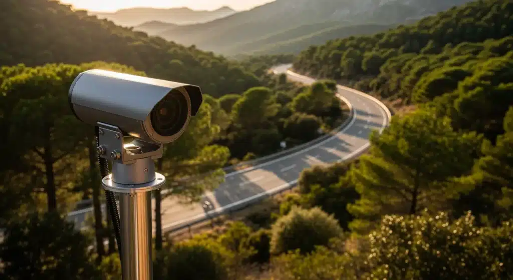 Caméra Vizzavona de surveillance routière installée sur la RT20 en Corse au coucher du soleil