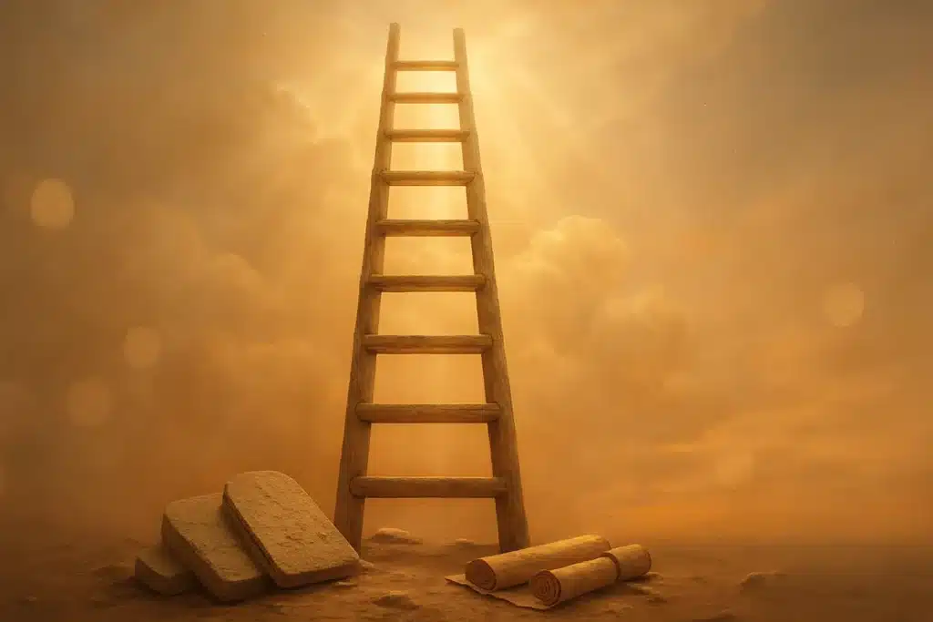 Échelle de Jacob blog - échelle mystique en bois s'élevant vers des nuages dorés au coucher du soleil