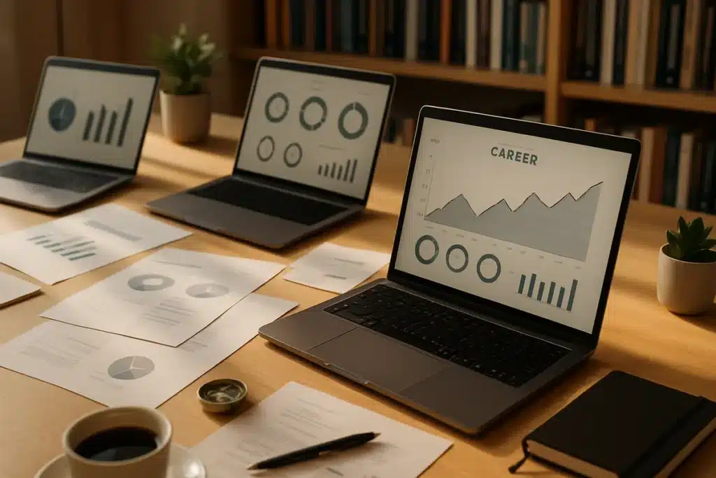 Espace de travail moderne avec ordinateurs portables affichant des données carrière pour liste métier wks.fr