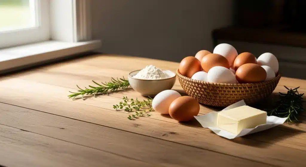 Oeufs entiers frais dans panier en osier avec ingrédients de cuisine pour recette anti-gaspillage