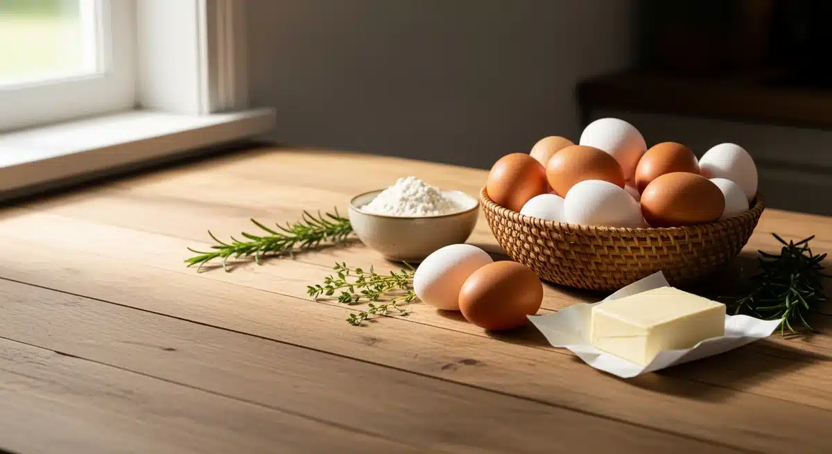 Oeufs entiers frais dans panier en osier avec ingrédients de cuisine pour recette anti-gaspillage
