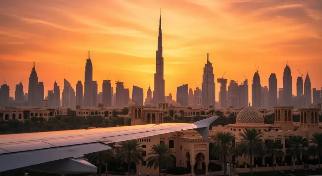 Voyage Dubai Emirates Holidays - Skyline de Dubaï au coucher de soleil avec Burj Khalifa et aile d'avion Emirates