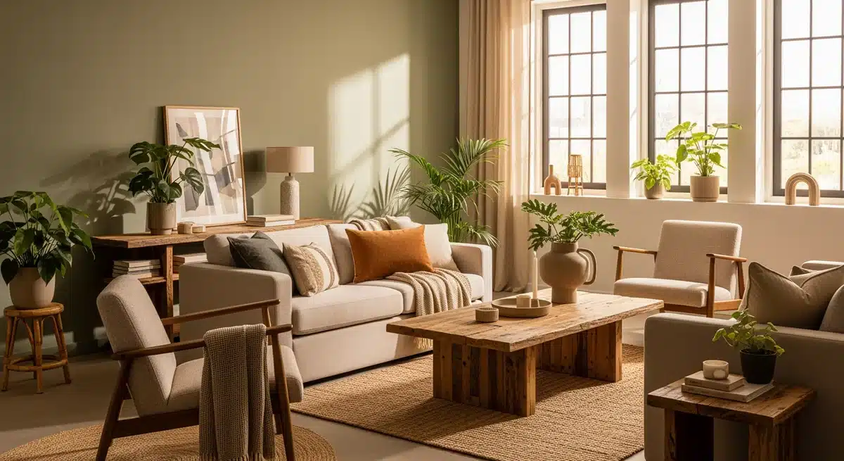 Salon moderne avec mobilier durable et décoration éco-responsable - Beau Beau Blog inspiration déco 2026