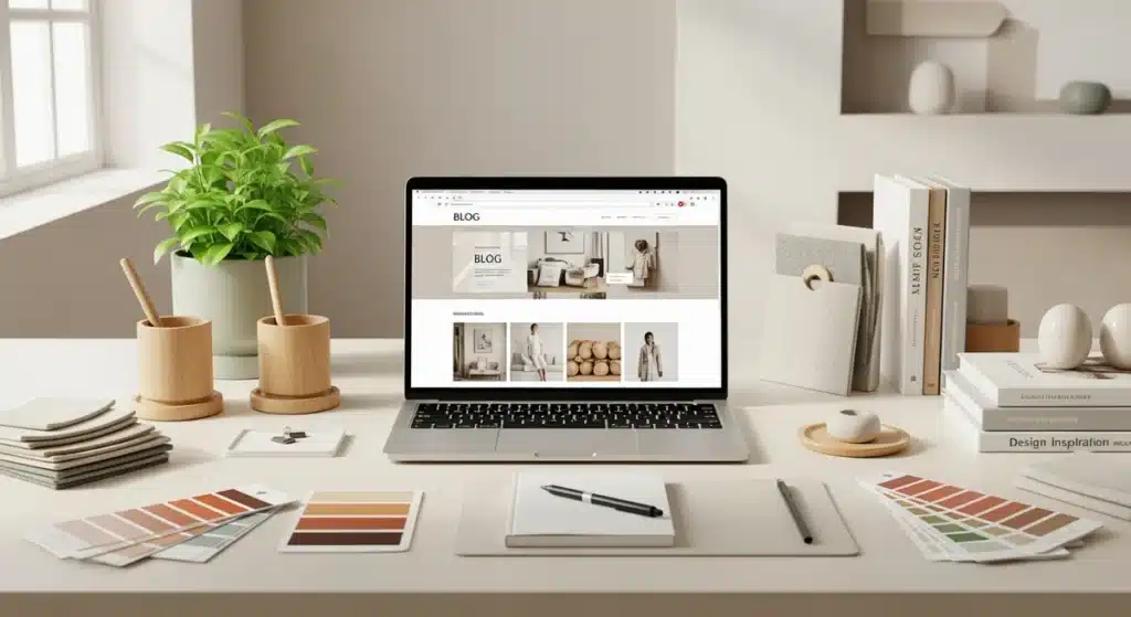 Espace de travail élégant avec ordinateur portable affichant un beau beau blog au design soigné