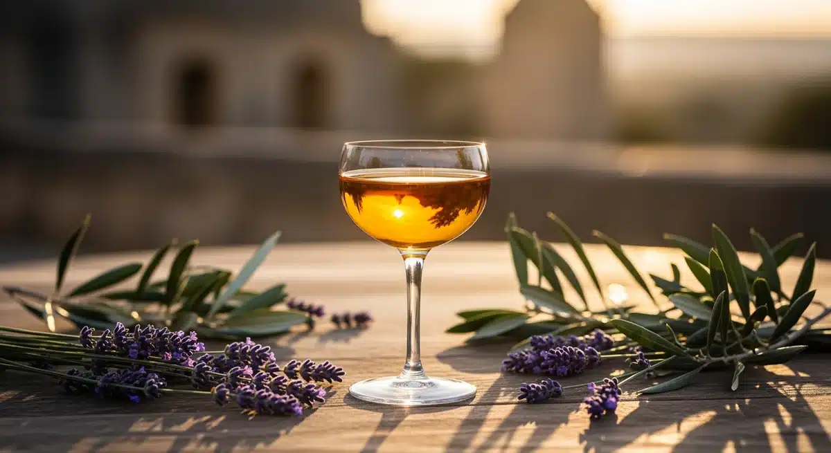 Cartagène apéritif traditionnel du Languedoc servi dans verre élégant avec éléments méditerranéens