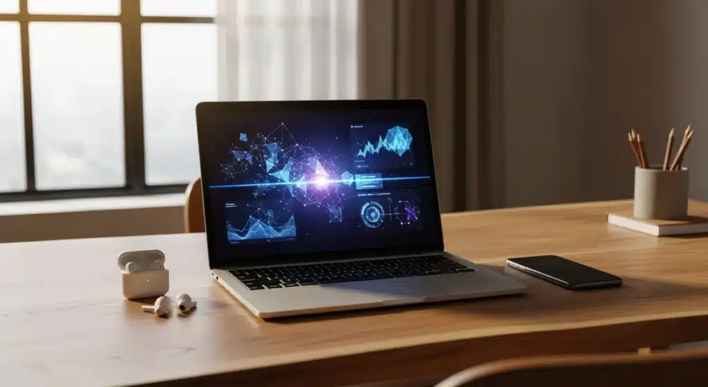 Espace de travail moderne avec ordinateur portable affichant interface numérique pour enkirama actualité 2026