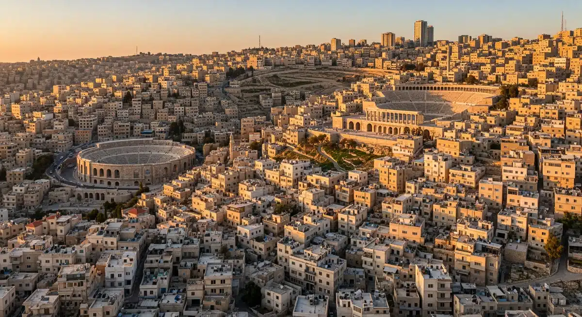 Vue aérienne d'Amman Jordanie capitale avec architecture traditionnelle et amphithéâtre romain