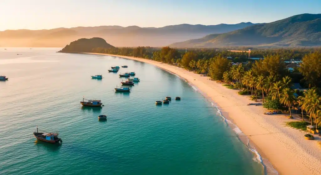 Plage Vietnam vue aérienne avec eaux turquoise, sable blanc et bateaux de pêche traditionnels