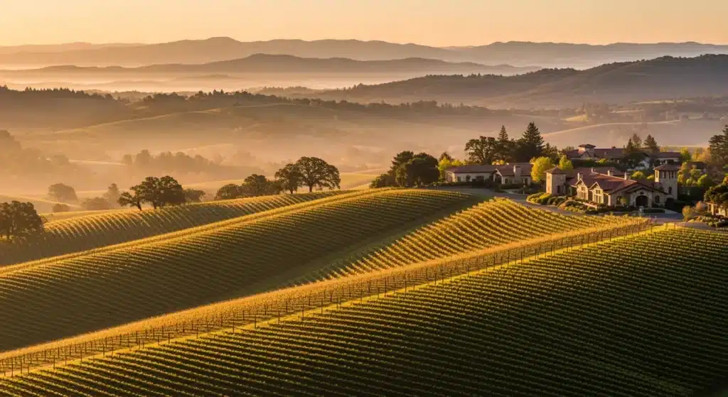 Vue aérienne des vignobles de Santa Rosa Sonoma avec collines ondulantes et rangées de vignes au coucher du soleil