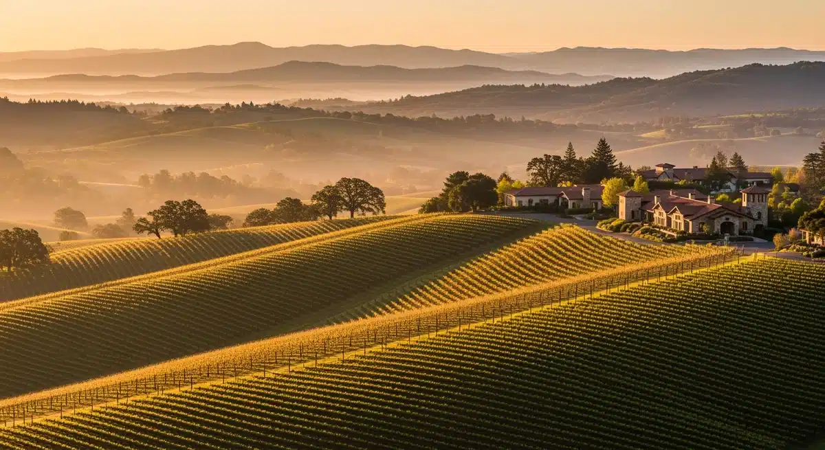 Vue aérienne des vignobles de Santa Rosa Sonoma avec collines ondulantes et rangées de vignes au coucher du soleil