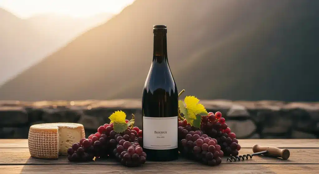 Bouteille de vin silvado bio savoyard sur table rustique avec grappes de raisin et paysage alpin